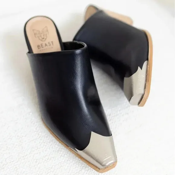 New! Black PU Leather Western Metal Toe Cap Block Heel Cowgirl Mules