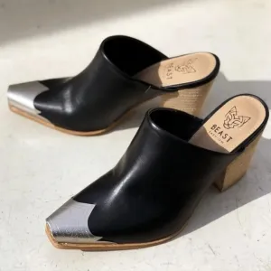 New! Black PU Leather Western Metal Toe Cap Block Heel Cowgirl Mules