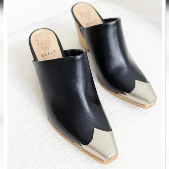 New! Black PU Leather Western Metal Toe Cap Block Heel Cowgirl Mules