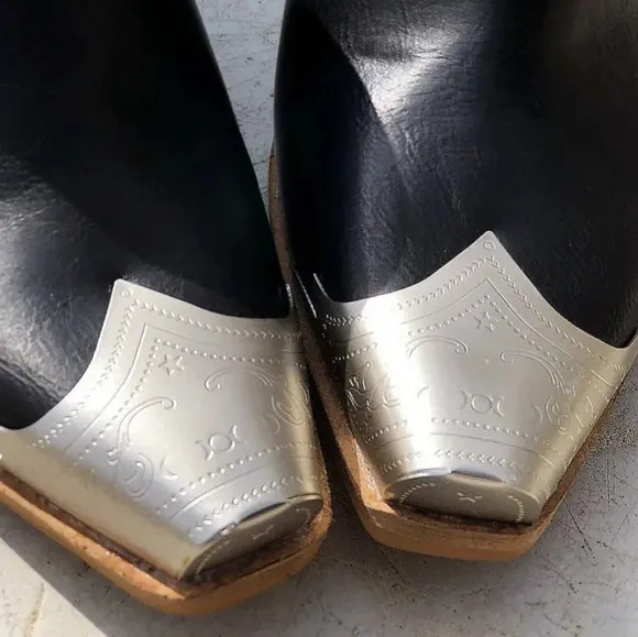New! Black PU Leather Western Metal Toe Cap Block Heel Cowgirl Mules