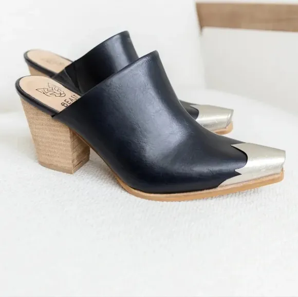 New! Black PU Leather Western Metal Toe Cap Block Heel Cowgirl Mules