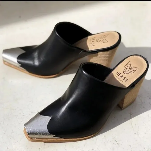 New! Black PU Leather Western Metal Toe Cap Block Heel Cowgirl Mules