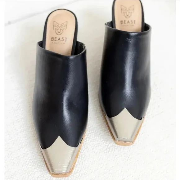 New! Black PU Leather Western Metal Toe Cap Block Heel Cowgirl Mules