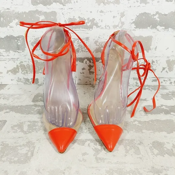 New Brother Vellies Orange/Tan Leather Pointed Toe Strappy Pump Heels B521