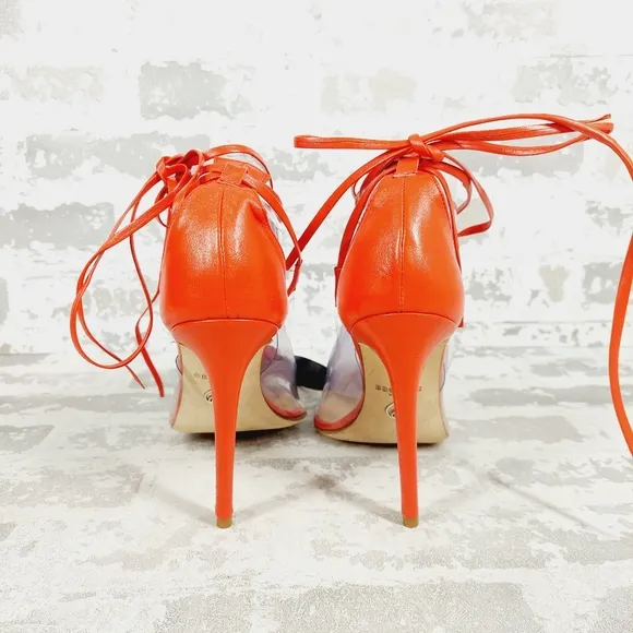 New Brother Vellies Orange/Tan Leather Pointed Toe Strappy Pump Heels B521