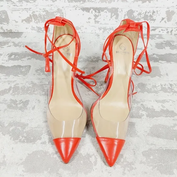 New Brother Vellies Orange/Tan Leather Pointed Toe Strappy Pump Heels B521