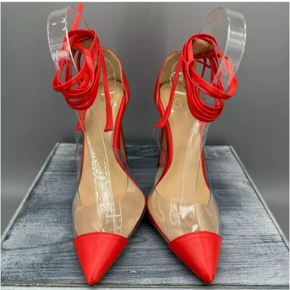 New Brother Vellies De Fleur Ankle Tie Pointed Toe Pumps Red Orange high heels 8