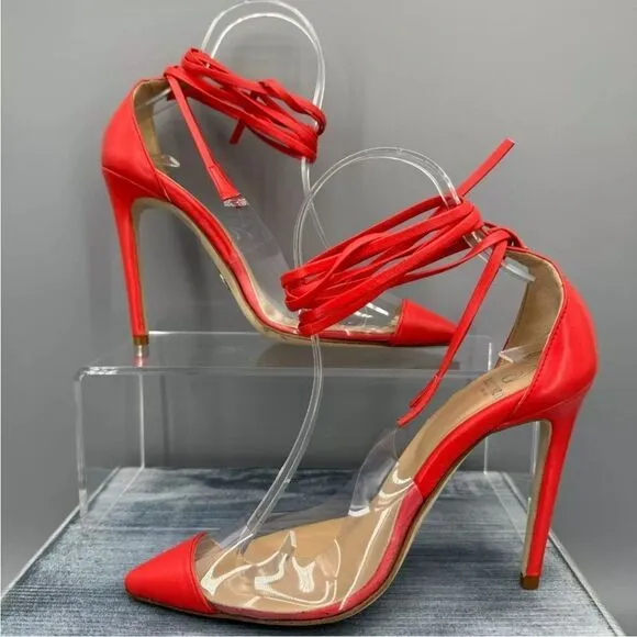 New Brother Vellies De Fleur Ankle Tie Pointed Toe Pumps Red Orange high heels 8
