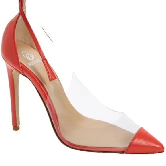 New Brother Vellies De Fleur Ankle Tie Pointed Toe Pumps Red Orange high heels 8