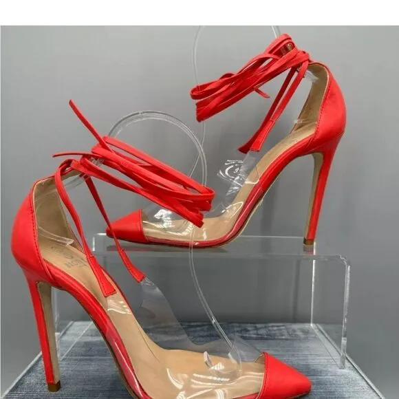 New Brother Vellies De Fleur Ankle Tie Pointed Toe Pumps Red Orange high heels 8