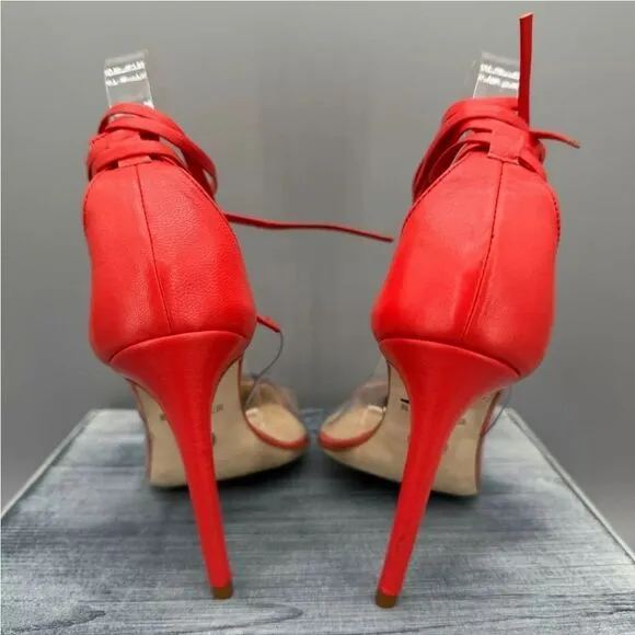 New Brother Vellies De Fleur Ankle Tie Pointed Toe Pumps Red Orange high heels 8