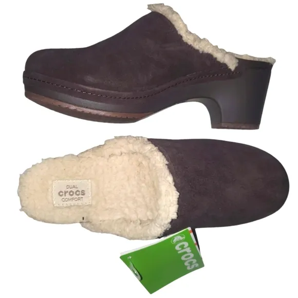 NEW CROCS Sarah Espresso Suede Sherpa Lined Heeled Slip-on Clog‎ Women's …