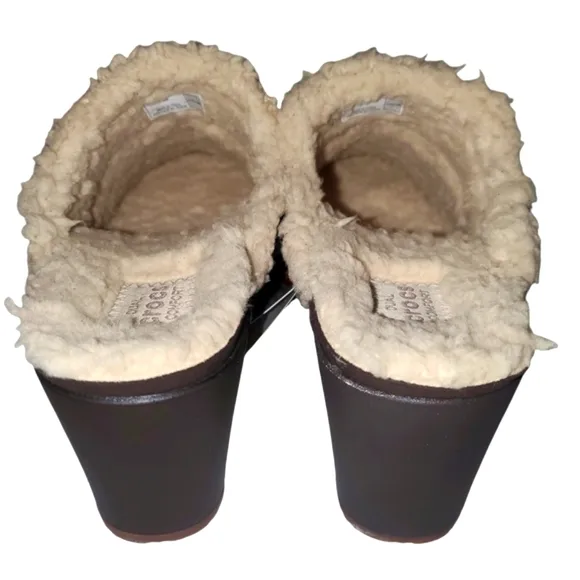 NEW CROCS Sarah Espresso Suede Sherpa Lined Heeled Slip-on Clog‎ Women's …