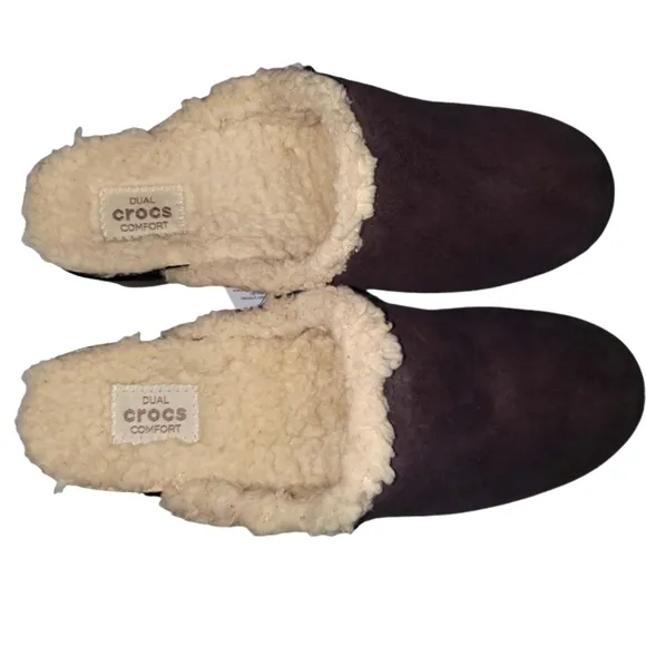 NEW CROCS Sarah Espresso Suede Sherpa Lined Heeled Slip-on Clog‎ Women's …