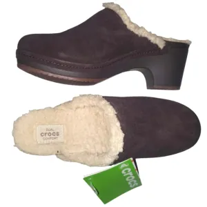 NEW CROCS Sarah Espresso Suede Sherpa Lined Heeled Slip-on Clog‎ Women's …