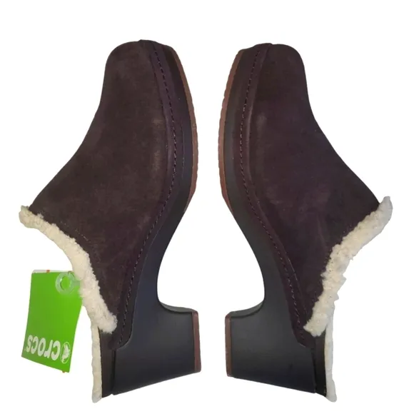 NEW CROCS Sarah Espresso Suede Sherpa Lined Heeled Slip-on Clog‎ Women's …