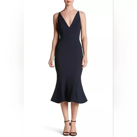NEW DRESS the POPULATION Black Isabelle Crepe Stretch Mermaid Bodycon Midi