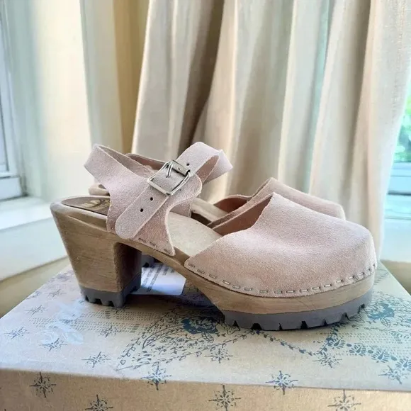 New Free People x MIA Abby Clogs Leather Wooden Shoes Heeled Suede Light Pink