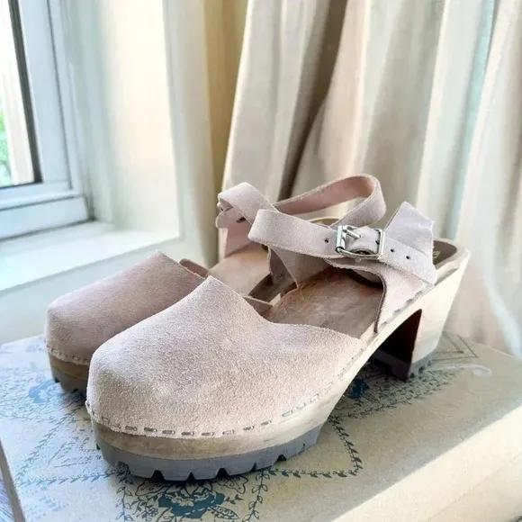 New Free People x MIA Abby Clogs Leather Wooden Shoes Heeled Suede Light Pink
