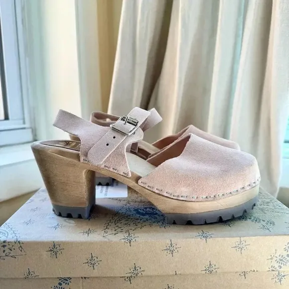 New Free People x MIA Abby Clogs Leather Wooden Shoes Heeled Suede Light Pink