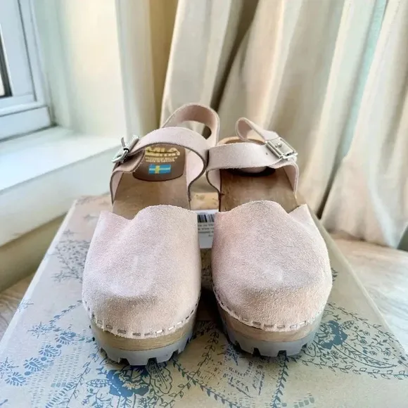 New Free People x MIA Abby Clogs Leather Wooden Shoes Heeled Suede Light Pink