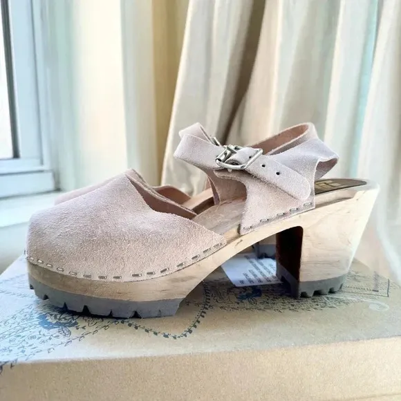 New Free People x MIA Abby Clogs Leather Wooden Shoes Heeled Suede Light Pink