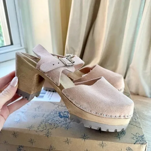 New Free People x MIA Abby Clogs Leather Wooden Shoes Heeled Suede Light Pink