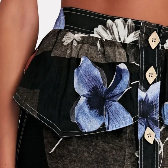 New Ganni Floral Linen Silk Midi Skirt Handkerchief Hem Peplum Sz 38
