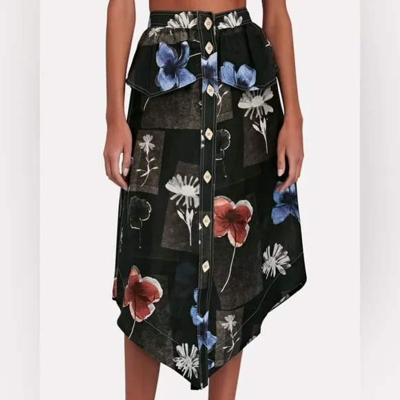 New Ganni Floral Linen Silk Midi Skirt Handkerchief Hem Peplum Sz 38