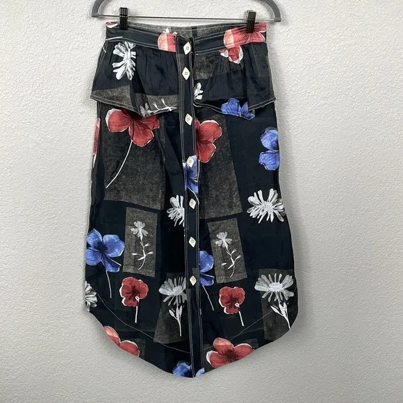 New Ganni Floral Linen Silk Midi Skirt Handkerchief Hem Peplum Sz 38