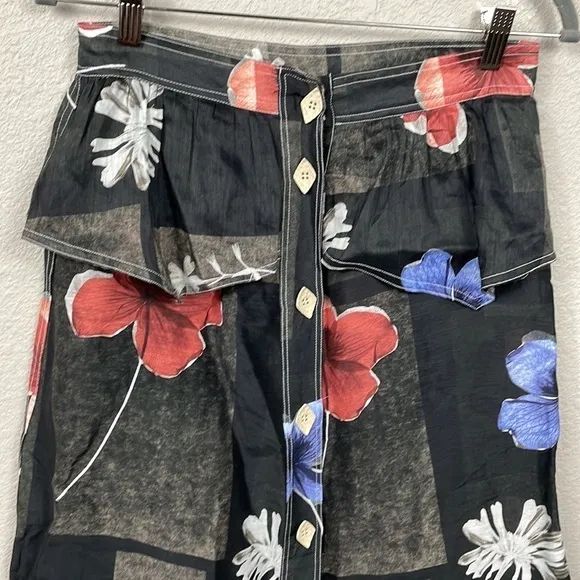 New Ganni Floral Linen Silk Midi Skirt Handkerchief Hem Peplum Sz 38
