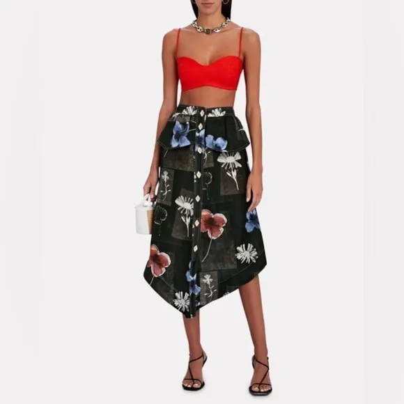 New Ganni Floral Linen Silk Midi Skirt Handkerchief Hem Peplum Sz 38