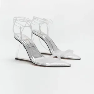 New Good American Cinder F**cking Rella Clear silver lucite wedge lace up heel