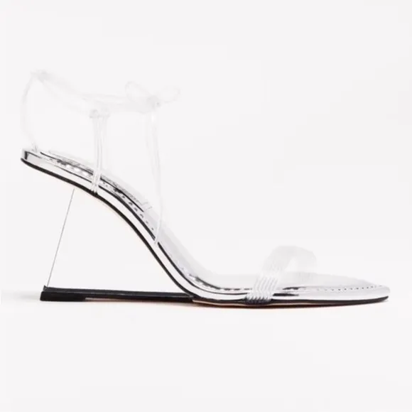 New Good American Cinder F**cking Rella Clear silver lucite wedge lace up heel