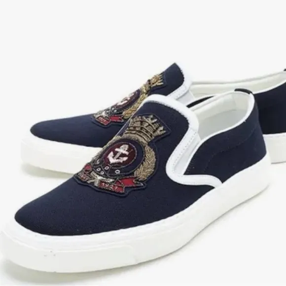 New in Box Dublin Slip-on Sneaker in Navy Canvas with Beaded Crest Detail