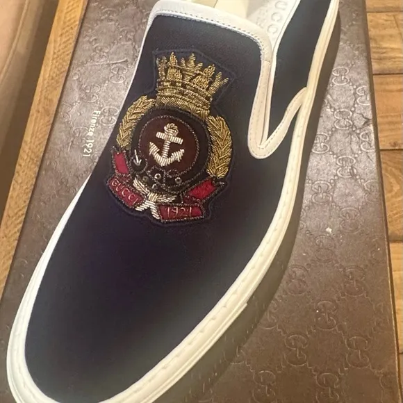 New in Box Dublin Slip-on Sneaker in Navy Canvas with Beaded Crest Detail