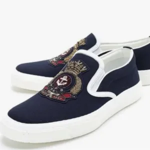 New in Box Dublin Slip-on Sneaker in Navy Canvas with Beaded Crest Detail