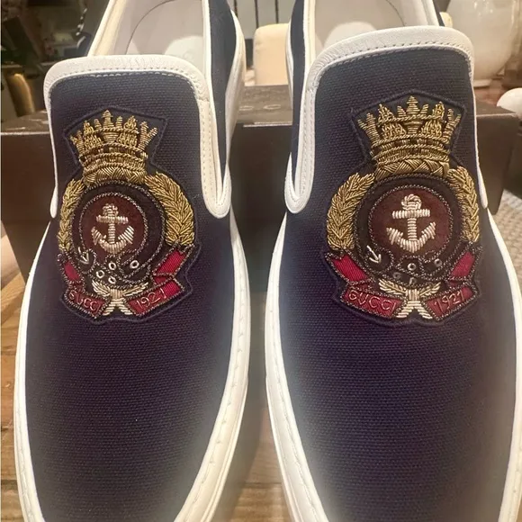 New in Box Dublin Slip-on Sneaker in Navy Canvas with Beaded Crest Detail