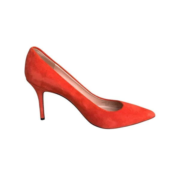 NEW J. Crew Elsie Pointed Toe Pumps Red Coral Suede Leather Stiletto Heels Italy
