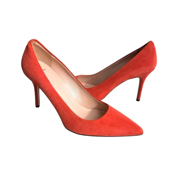 NEW J. Crew Elsie Pointed Toe Pumps Red Coral Suede Leather Stiletto Heels Italy