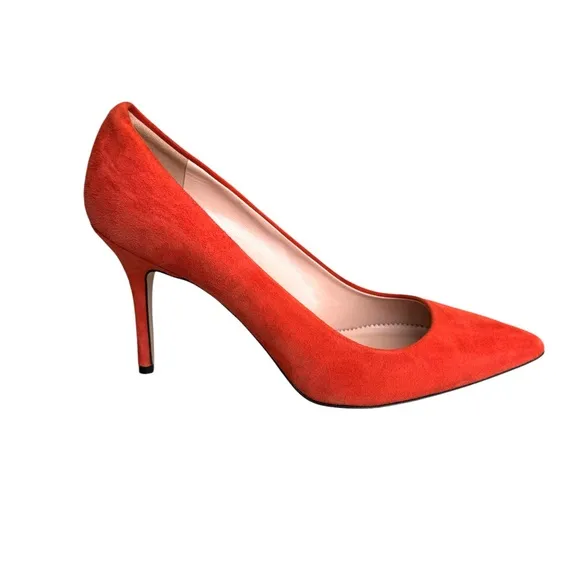 NEW J. Crew Elsie Pointed Toe Pumps Red Coral Suede Leather Stiletto Heels Italy