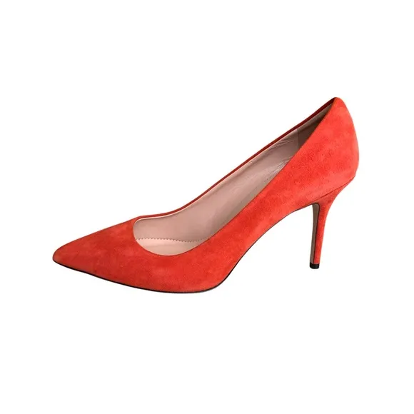 NEW J. Crew Elsie Pointed Toe Pumps Red Coral Suede Leather Stiletto Heels Italy