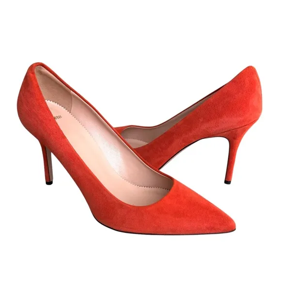 NEW J. Crew Elsie Pointed Toe Pumps Red Coral Suede Leather Stiletto Heels Italy