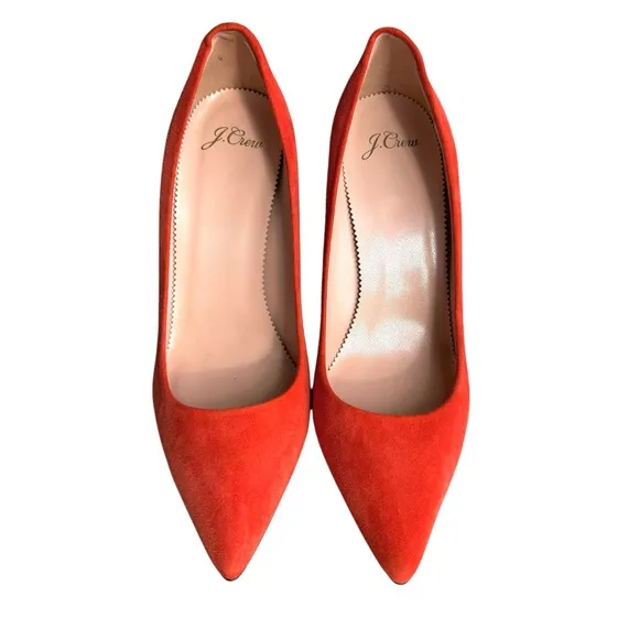 NEW J. Crew Elsie Pointed Toe Pumps Red Coral Suede Leather Stiletto Heels Italy