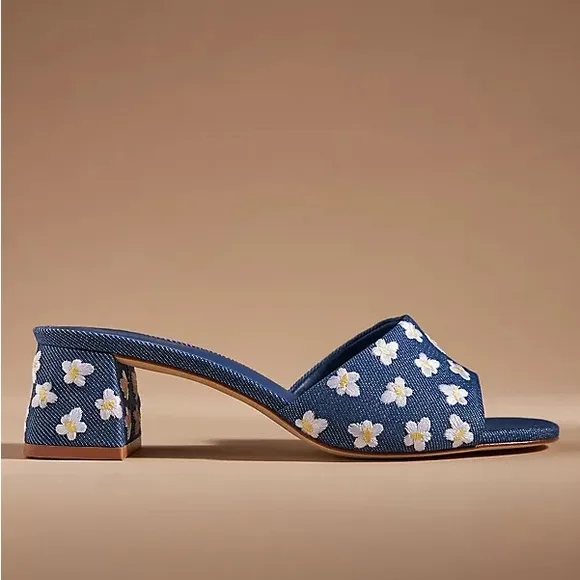 NEW | Larroudé Brigitte Flower-Embroidered Denim Mules