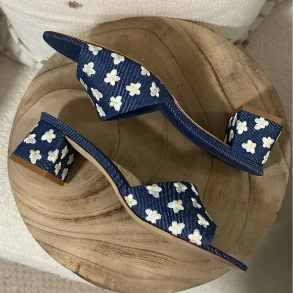 NEW | Larroudé Brigitte Flower-Embroidered Denim Mules