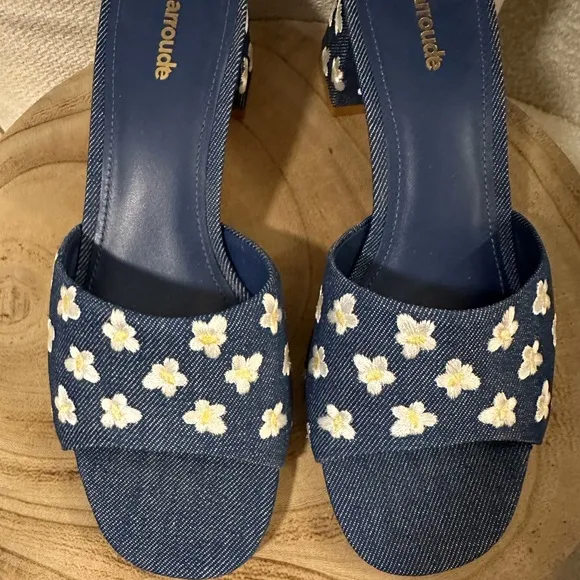 NEW | Larroudé Brigitte Flower-Embroidered Denim Mules