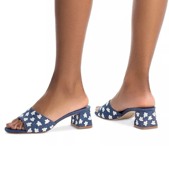 NEW | Larroudé Brigitte Flower-Embroidered Denim Mules