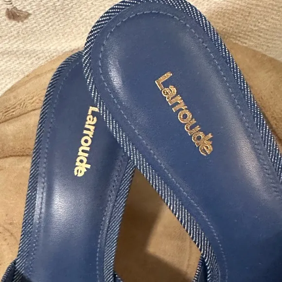 NEW | Larroudé Brigitte Flower-Embroidered Denim Mules