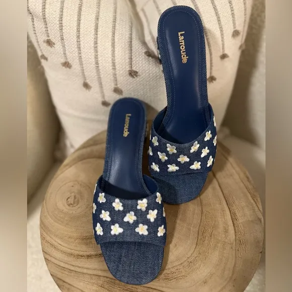 NEW | Larroudé Brigitte Flower-Embroidered Denim Mules
